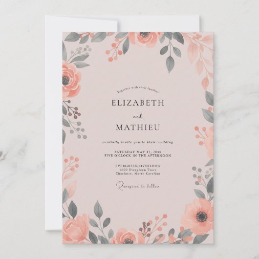 Koraal Mauve Wilde Bloemen Bruiloft Kaart (Voorkant)