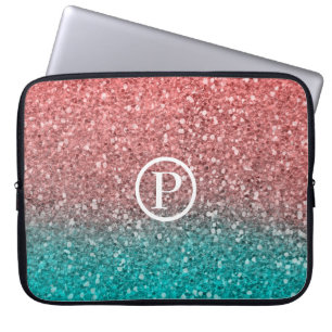 Koraal Meloen Oranje Turkoois Aqua Groen Glitteren Laptop Sleeve