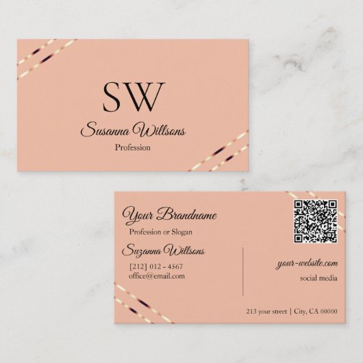 Koraal met roze gouden lijnen Monogram QR-code Visitekaartje (Voorkant / Achterkant)