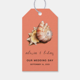 Koraal met schelp "Onze trouwdag" cadeautags Cadeaulabel