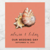Koraal met schelp "Onze trouwdag"  Wijn Etiket (Enkel label)