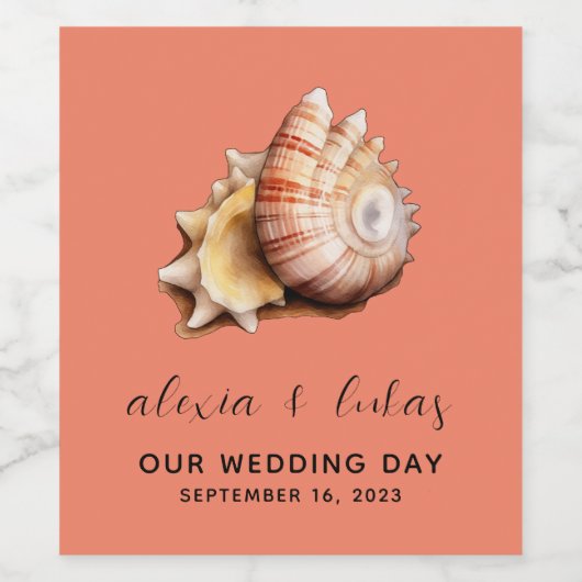 Koraal met schelp "Onze trouwdag"  Wijn Etiket (Enkel label)