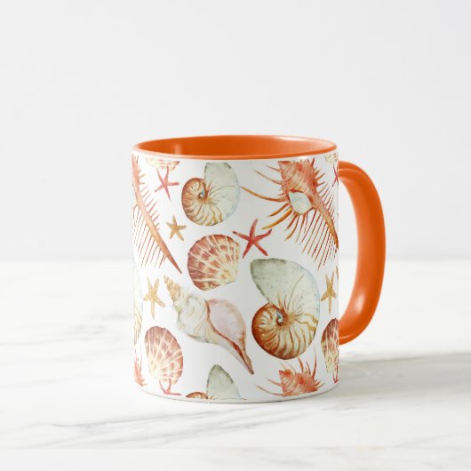 Koraal met schelpen en krabbetpatroon mok (Voorkant rechts)