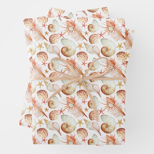 Koraal met schelpen & krabben patroon inpakpapier vel (In situ)