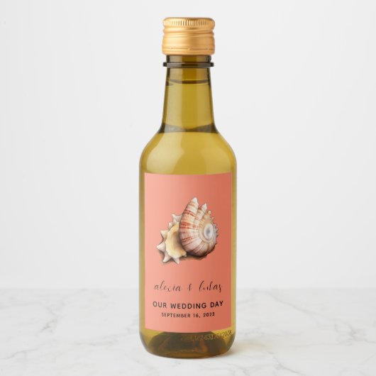 Koraal met Shell "Onze trouwdag" Mini Wijn Etiket (Voorkant)