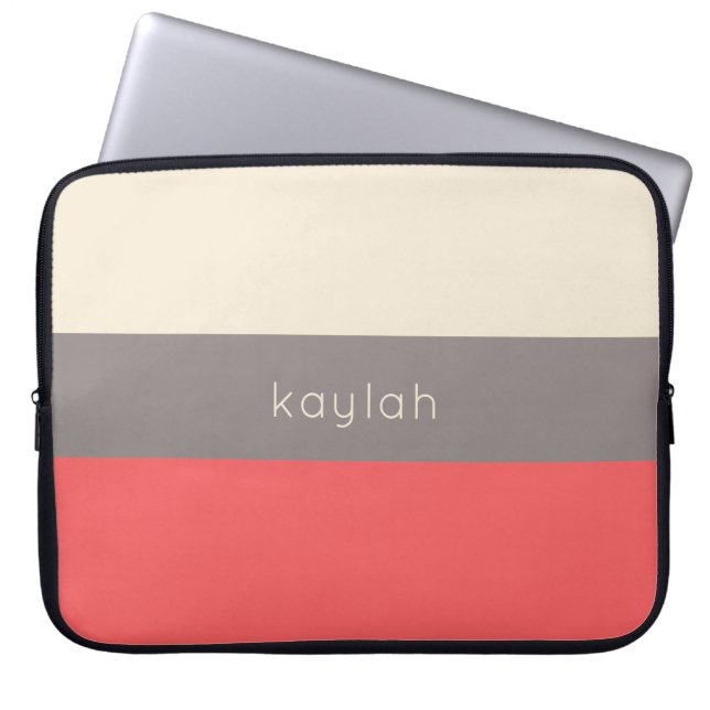 Koraal-minimalistisch kleurenblokpatroon met naam laptop sleeve (Voorkant)