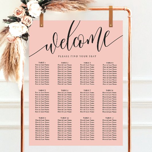 Koraal Minimalistisch Script Trouwzaalstoelenkaart Poster