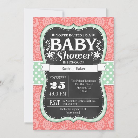 Koraal Mint Chalkboard Floral Baby shower Invite Kaart (Voorkant)