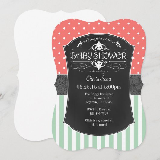 Koraal Mint Chalkboard Stripes Baby shower Invite Kaart (Voorkant / Achterkant)