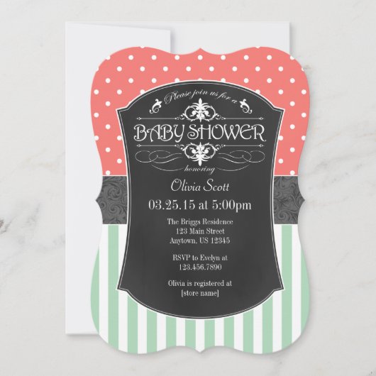 Koraal Mint Chalkboard Stripes Baby shower Invite Kaart (Voorkant)
