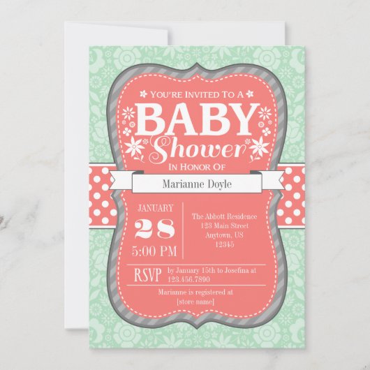 Koraal Mint Gray Floral Flower Baby shower Invite Kaart (Voorkant)