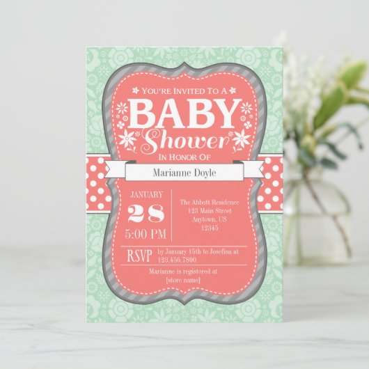 Koraal Mint Gray Floral Flower Baby shower Invite Kaart (Staand voorkant)
