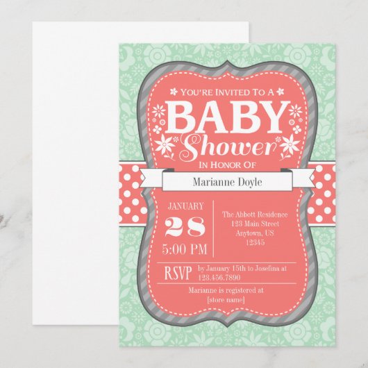 Koraal Mint Gray Floral Flower Baby shower Invite Kaart (Voorkant / Achterkant)