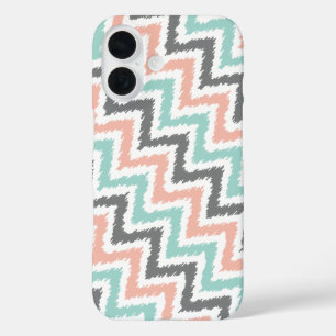 Koraal Mint Linen Diagonaal Zigzag Ikat Patroon iPhone 16 Hoesje
