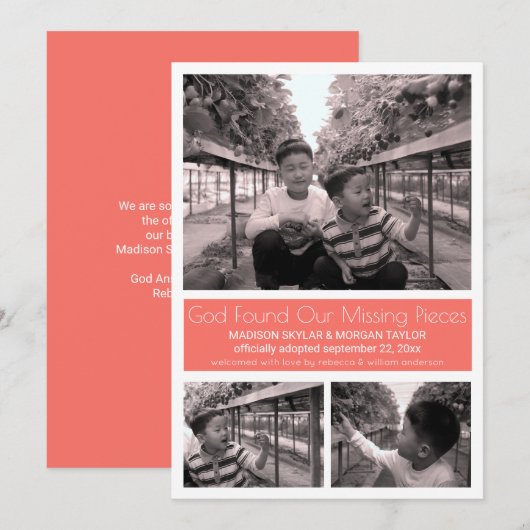 Koraal Moderne Minimalistische Kinderadoptie 3 Fot Aankondiging (Voorkant / Achterkant)