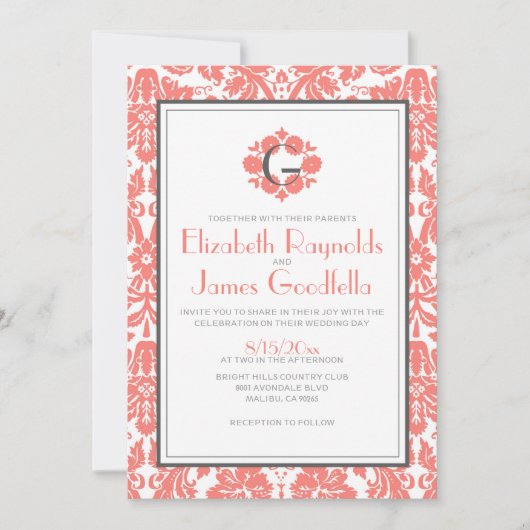 Koraal Monogram Damask Wedding Invitations Kaart (Voorkant)
