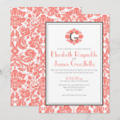 Koraal Monogram Damask Wedding Invitations Kaart (Voorkant / Achterkant)