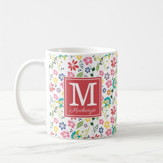 Koraal monogram kleurrijk Bohemian Spring Flowers Koffiemok (Links)