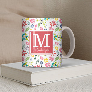 Koraal monogram kleurrijk Bohemian Spring Flowers Koffiemok