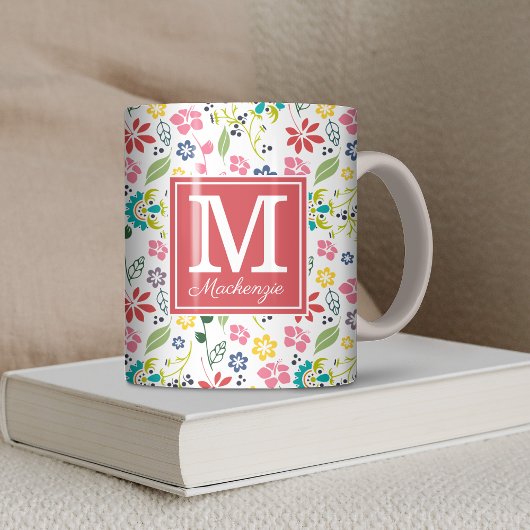 Koraal monogram kleurrijk Bohemian Spring Flowers Koffiemok