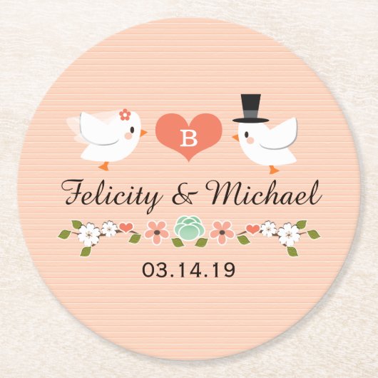 Koraal Monogram Liefdesduif Bruiloft Ronde Kartonnen Onderzetter (Voorkant)
