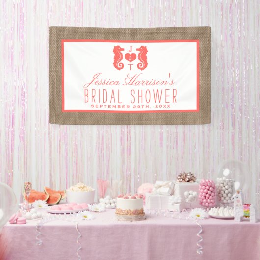 Koraal monogram Seahorse Beach Burlap Vrijgezellen Spandoek (Feest)