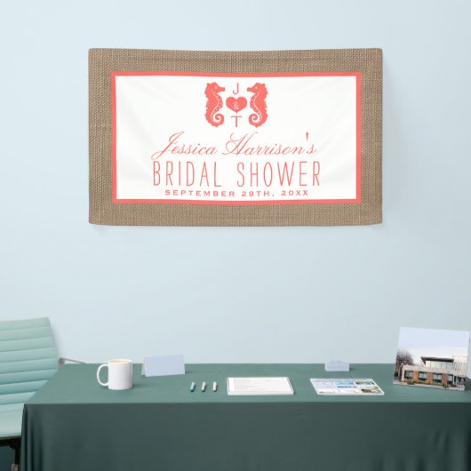 Koraal monogram Seahorse Beach Burlap Vrijgezellen Spandoek (Beurs)
