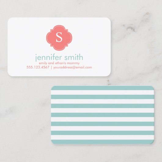 Koraal Munt Quatrefoil Monogram Stripes Patroon Contactkaartje (Voorkant / Achterkant)