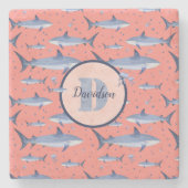 Koraal | Naam + Waterverf Monogram haai Jellyfish Stenen Onderzetter (Voorkant)