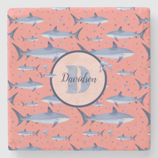 Koraal | Naam + Waterverf Monogram haai Jellyfish Stenen Onderzetter (Voorkant)