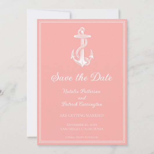 Koraal Nautisch Anker Save the Date Invite Kaart (Voorkant)
