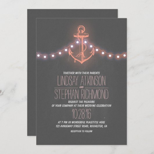 Koraal nautische krijtbord anker bruiloft kaart (Voorkant / Achterkant)