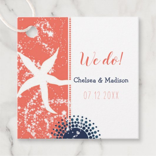 Koraal Navy Beach bruiloft Bedankjes Labels (Voorkant)
