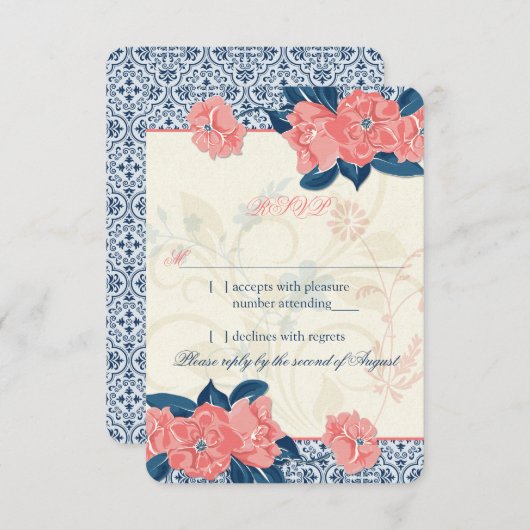 Koraal Navy Blauw  Bloemen Huwelijk RSVP Reageer (Voorkant / Achterkant)