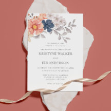 Koraal & Navy Bloemen | Elegante Botanische Uitnod