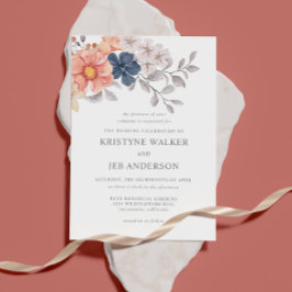 Koraal & Navy Bloemen | Elegante Botanische Uitnod Kaart