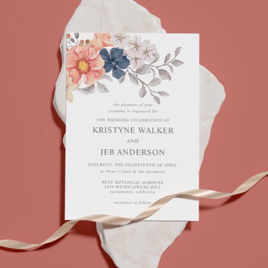 Koraal & Navy Bloemen | Elegante Botanische Uitnod Kaart