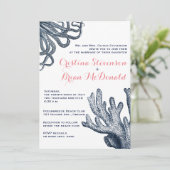 Koraal & Navy Blue Zee Creature Nautische bruiloft Kaart (Staand voorkant)