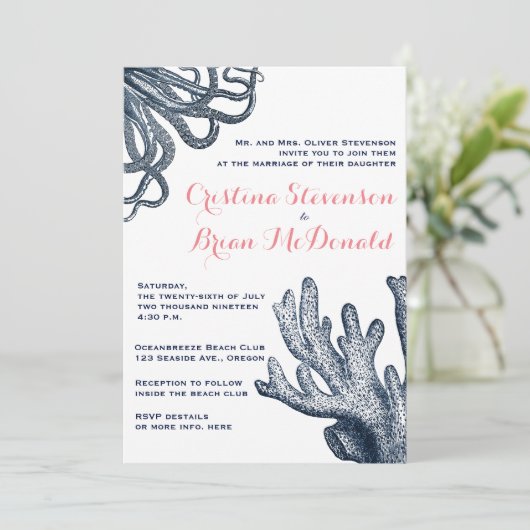 Koraal & Navy Blue Zee Creature Nautische bruiloft Kaart (Staand voorkant)