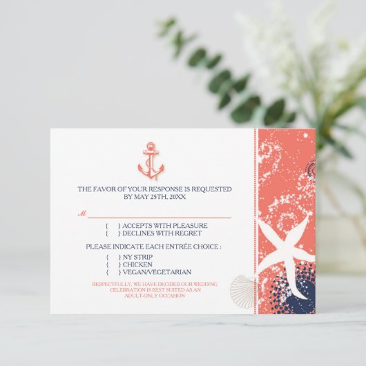 Koraal Navy Wit Scheepvaart Trouwreactie RSVP Kaartje (Staand voorkant)