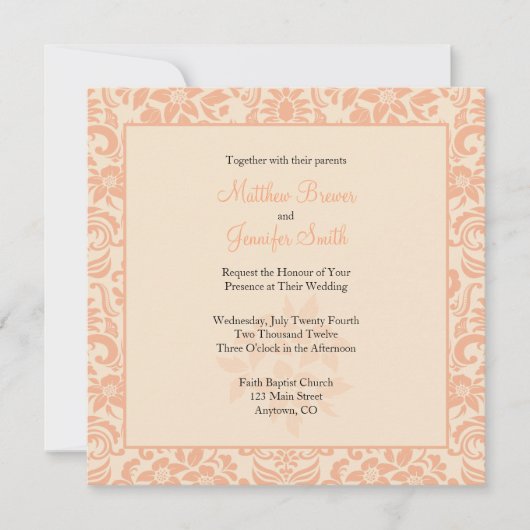 Koraal of peach en crème Floral Damask Wedding Kaart (Voorkant)