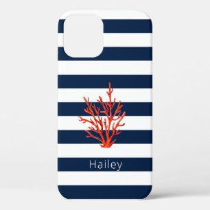 Koraal op de marine & witte streep Nautical iPhone Case-Mate iPhone Case