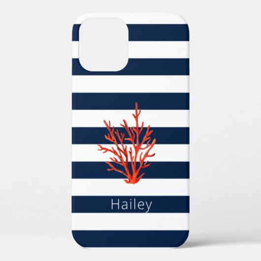 Koraal op de marine & witte streep Nautical iPhone Case-Mate iPhone Case (Achterkant)