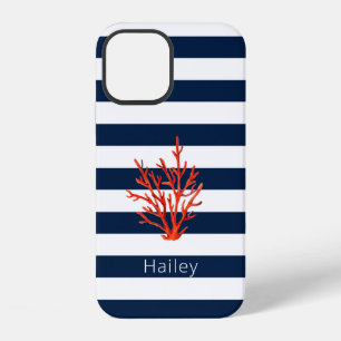 Koraal op Navy & witte streep Zeevaart iPhone hoes 12 Hoesje