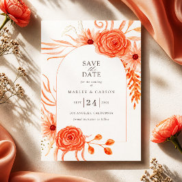 Koraal Oranje Bloemige Elegante Trouwdag Save The Date