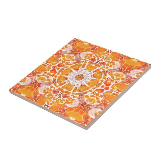 Koraal Oranje en Cream Batik Pattern Tegeltje (Zijkant)