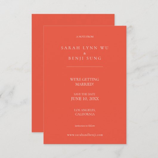 Koraal Oranje en witminimalistisch modern Save The Date (Voorkant / Achterkant)