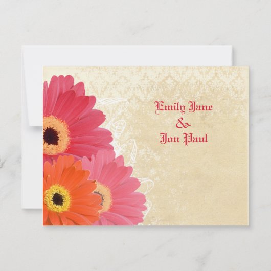 Koraal & Oranje Gerber Madelief Bruiloft Uitnodigi RSVP Kaartje (Achterkant)