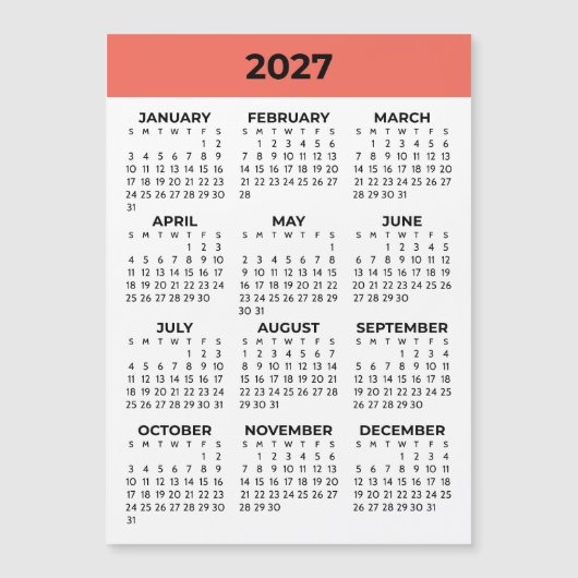 Koraal Oranje Kalender 2027 Magnetisch (Voorkant)