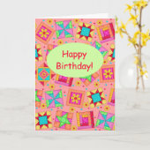 Koraal Oranje Patchwork Quilt Art Happy Birthday Kaart (Gele Bloem)